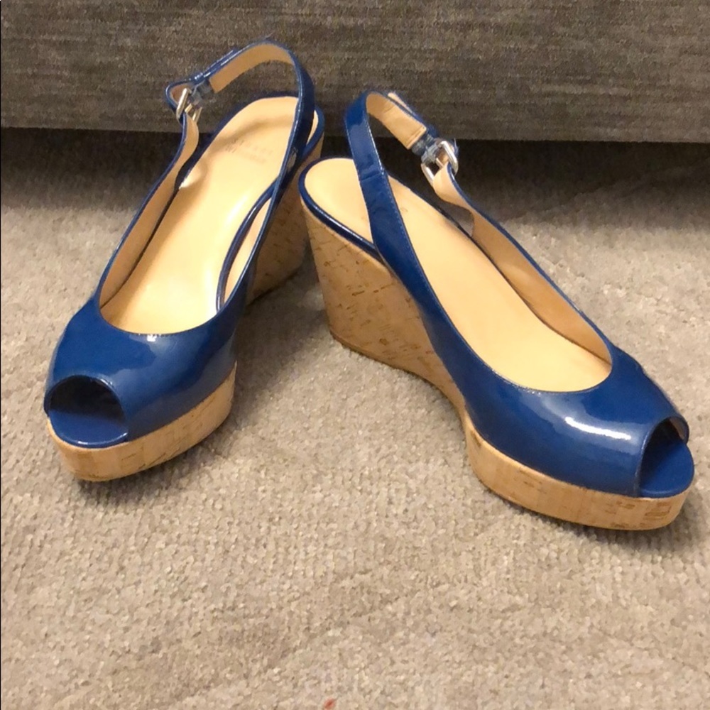 Stuart Weitzman blue patent leather cork wedge 8.5